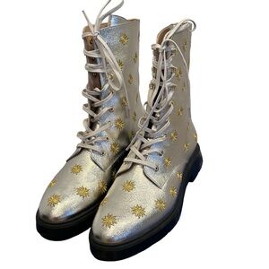Stuart Weitzman McKensee Silver Gold Star Combat Boot size 9B